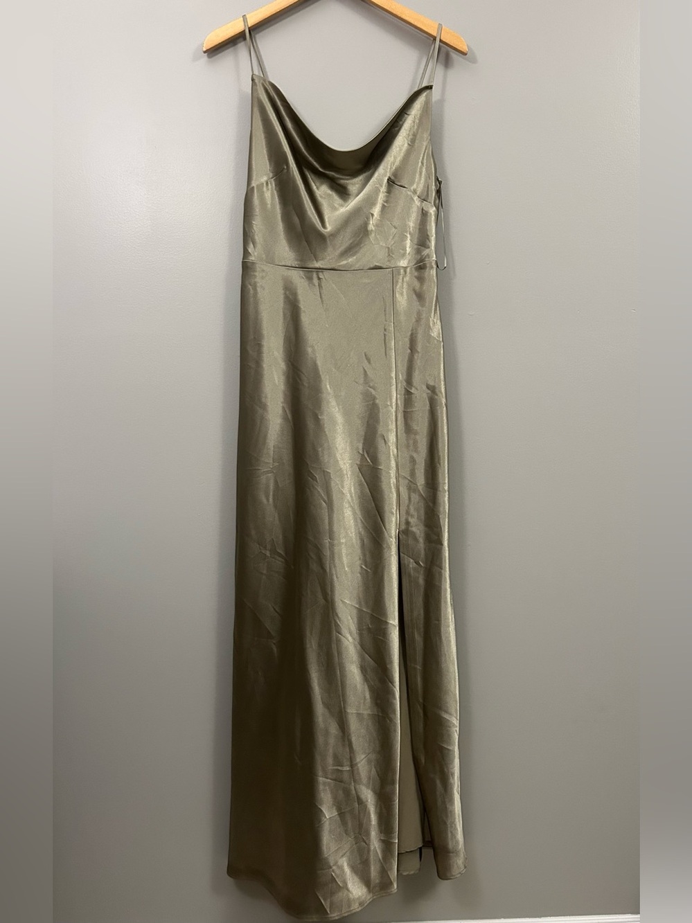 Birdy Grey Olive Shiny Satin Moss Green Slip Maxi Dress with Spaghetti Straps M